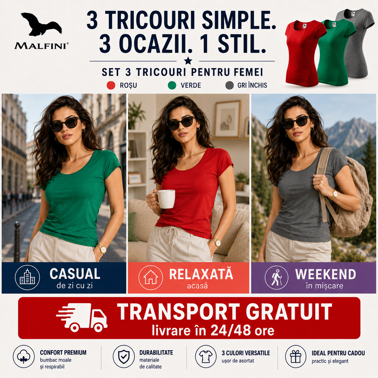 Tricouri damă din bumbac 100% cu decolteu elegant casual verde roșu gri